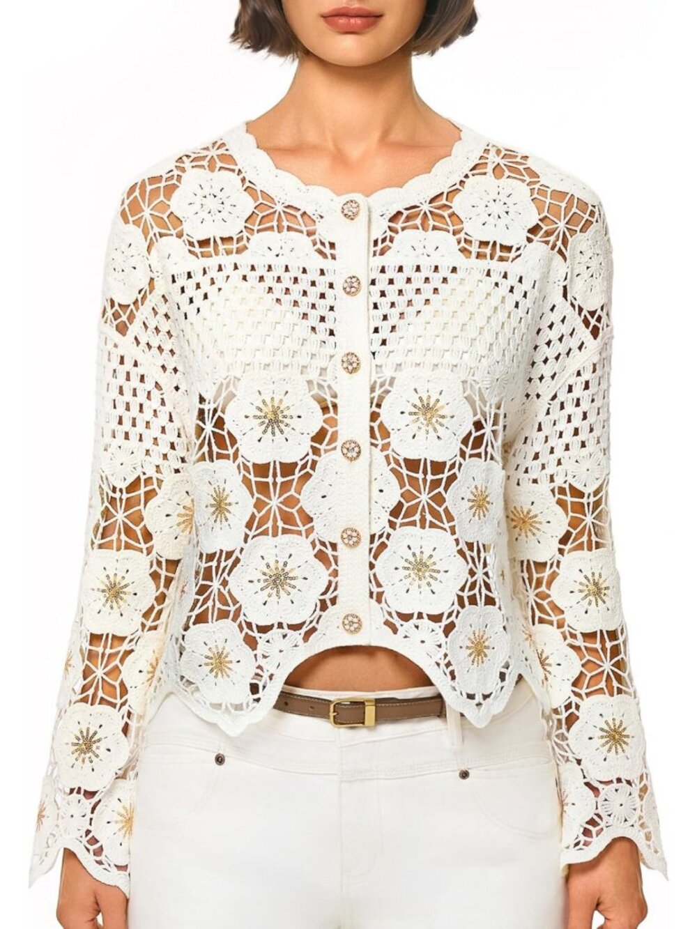 Chic Crochet Cardigan for Women | Pearl Button Long Sleeve Sweater, Cozy Knit